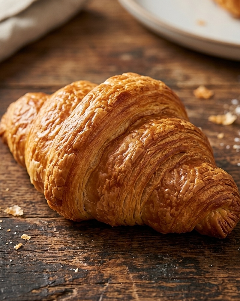Golden flaky butter croissant on checkered table