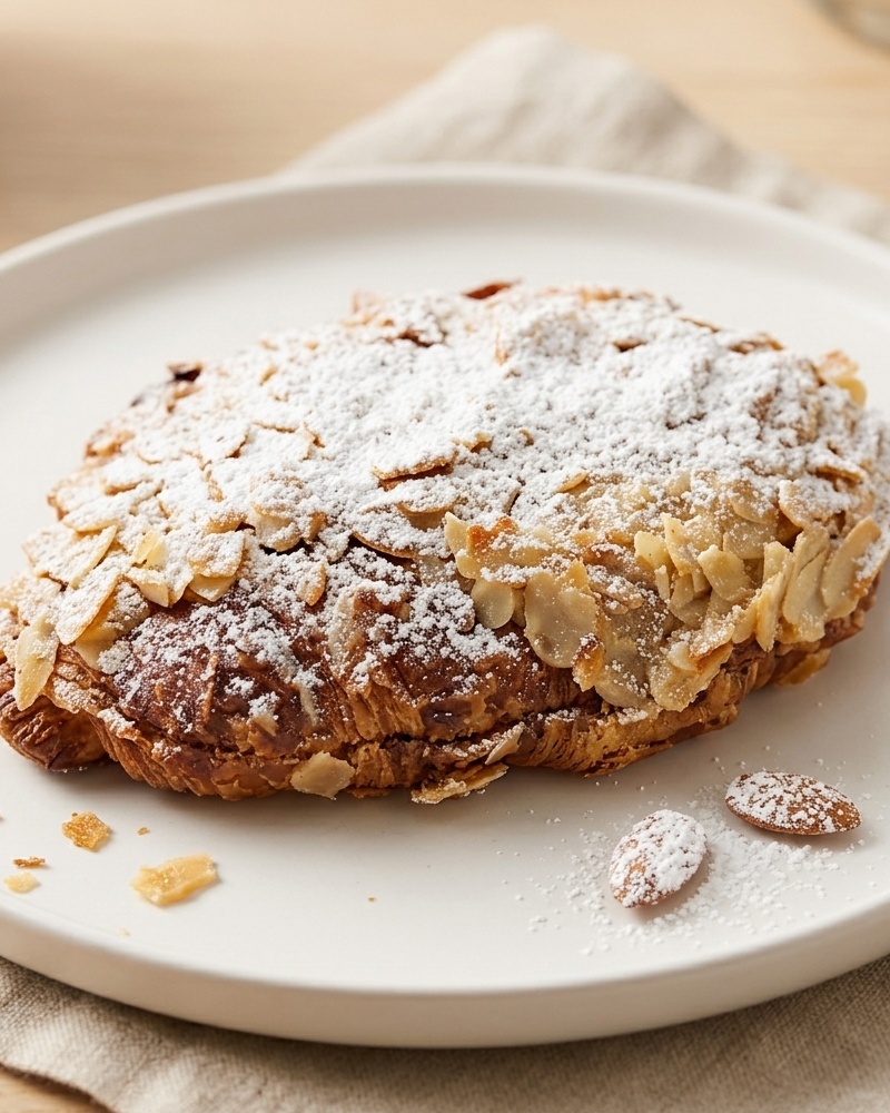Almond-topped chocolate croissant dusted with powdered sugar