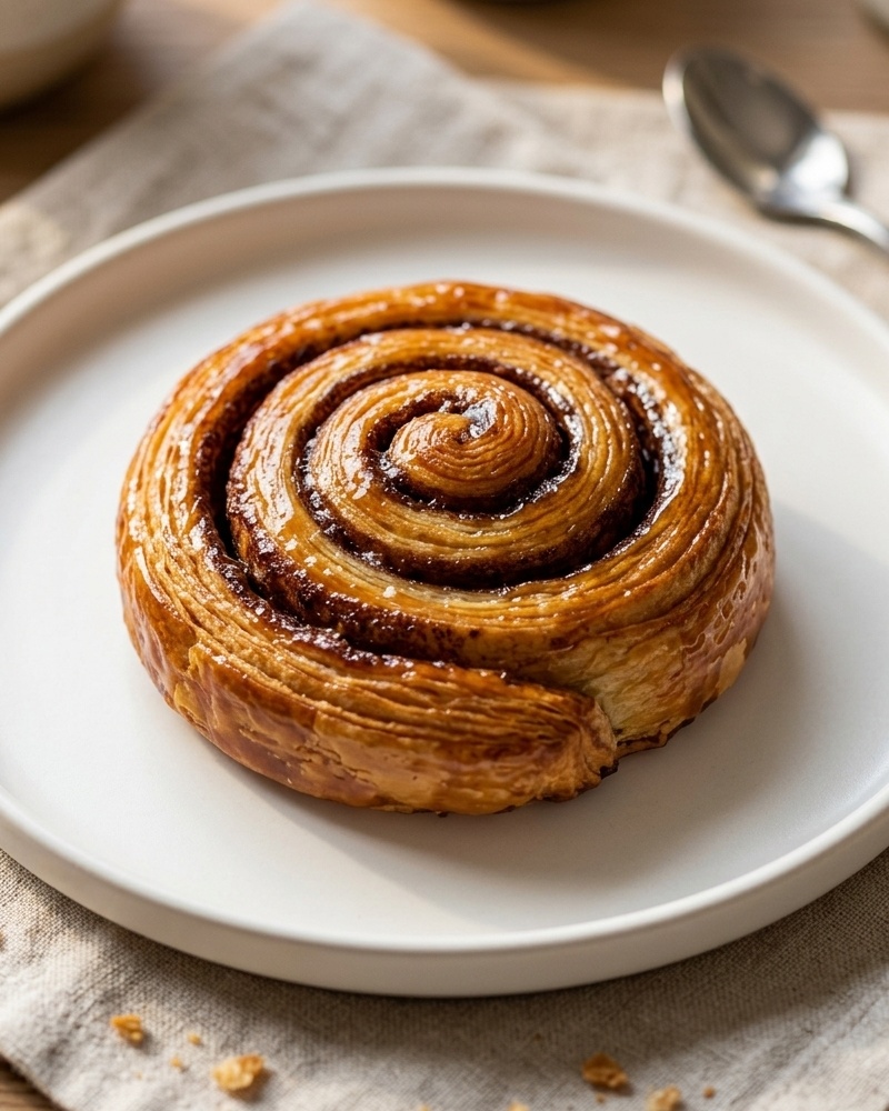 Glossy spiral cinnamon roll on white plate