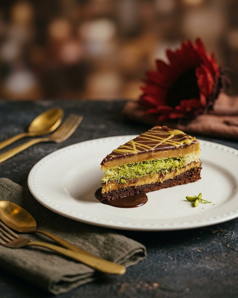 Decadent Dubai chocolate cake with kataifi filling