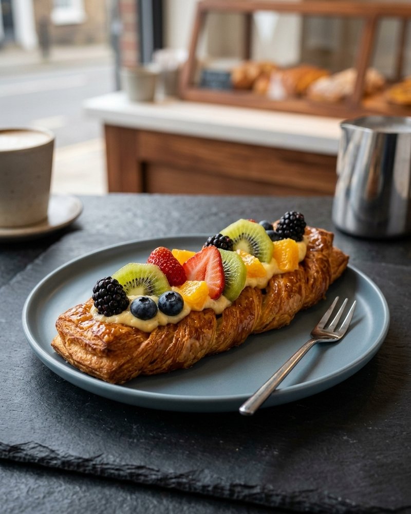 Fresh fruit pastry topped with glazed berries and cream