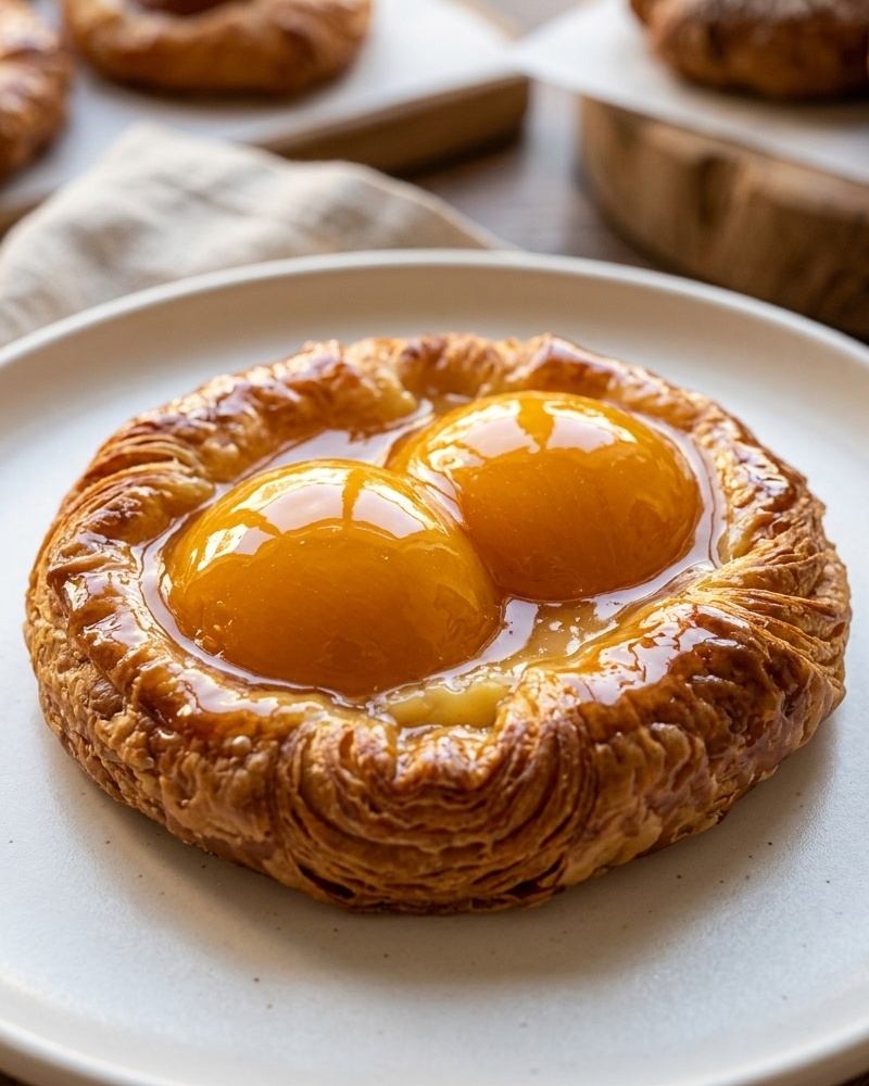 Peach danish with glossy glaze and sliced peaches