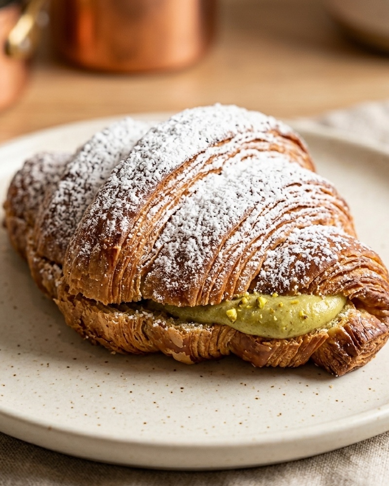Pistachio croissant dusted with powdered sugar