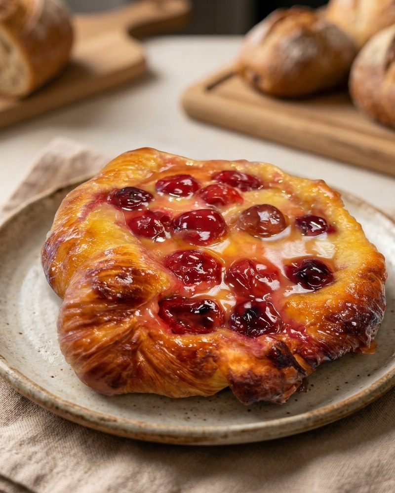 Tart sour cherries in a flaky pastry crown with sweet glaze