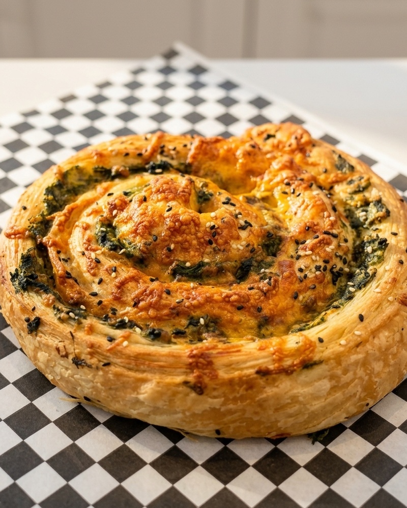 Spiral spinach and cheese croissant with sesame seeds